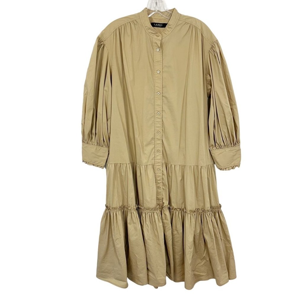 Lauren Ralph Lauren Rapisha Tiered Midi Dress Tan Shirt Dress Belt - Size 12 - Picture 3 of 10